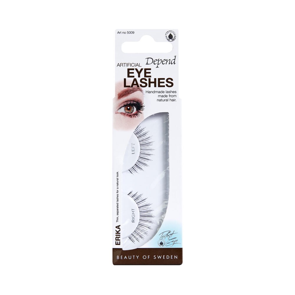 Depend Artificial Eye Lashes Erika, handmade lashes made from natural hair for a stunning look, packaged in a sleek design.