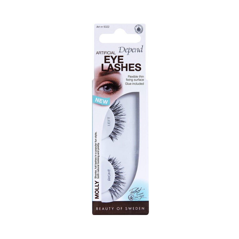 Depend Molly artificial eyelashes featuring a flexible thin design, includes adhesive for easy application, enhancing eye appearance.