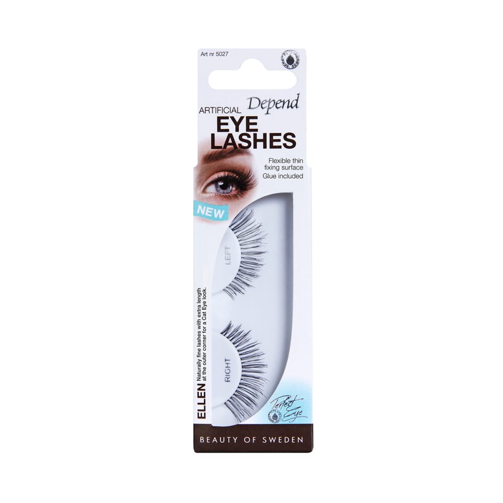 Depend artificial eye lashes in packaging, featuring flexible thin fixing surface and included glue for easy application.