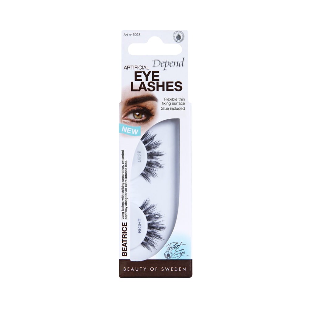 Depend Beatrice artificial eyelashes featuring a flexible thin design, ideal for enhancing eye appearance. Includes glue for application.