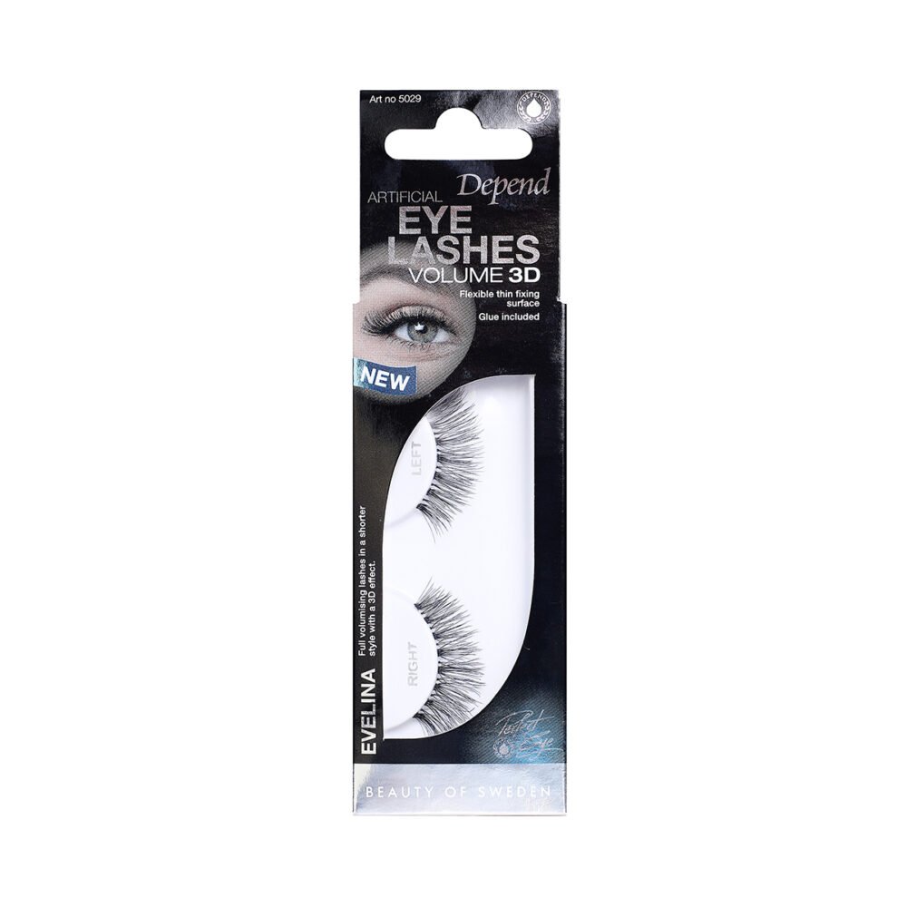 Depend Artificial Eyelashes Volume 3D pack featuring Evelina, includes adhesive for easy application, enhancing eye beauty.