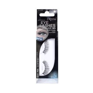 Depend Artificial Eyelashes Volume 3D pack featuring Evelina, includes adhesive for easy application, enhancing eye beauty.