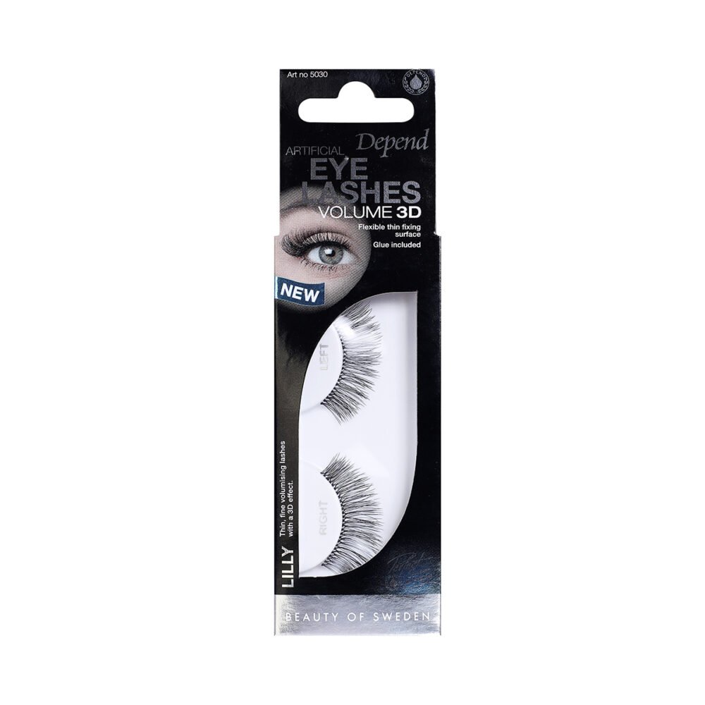 Depend 3D Volume Eyelashes in Lilly style, featuring flexible lash bands and included adhesive for easy application.