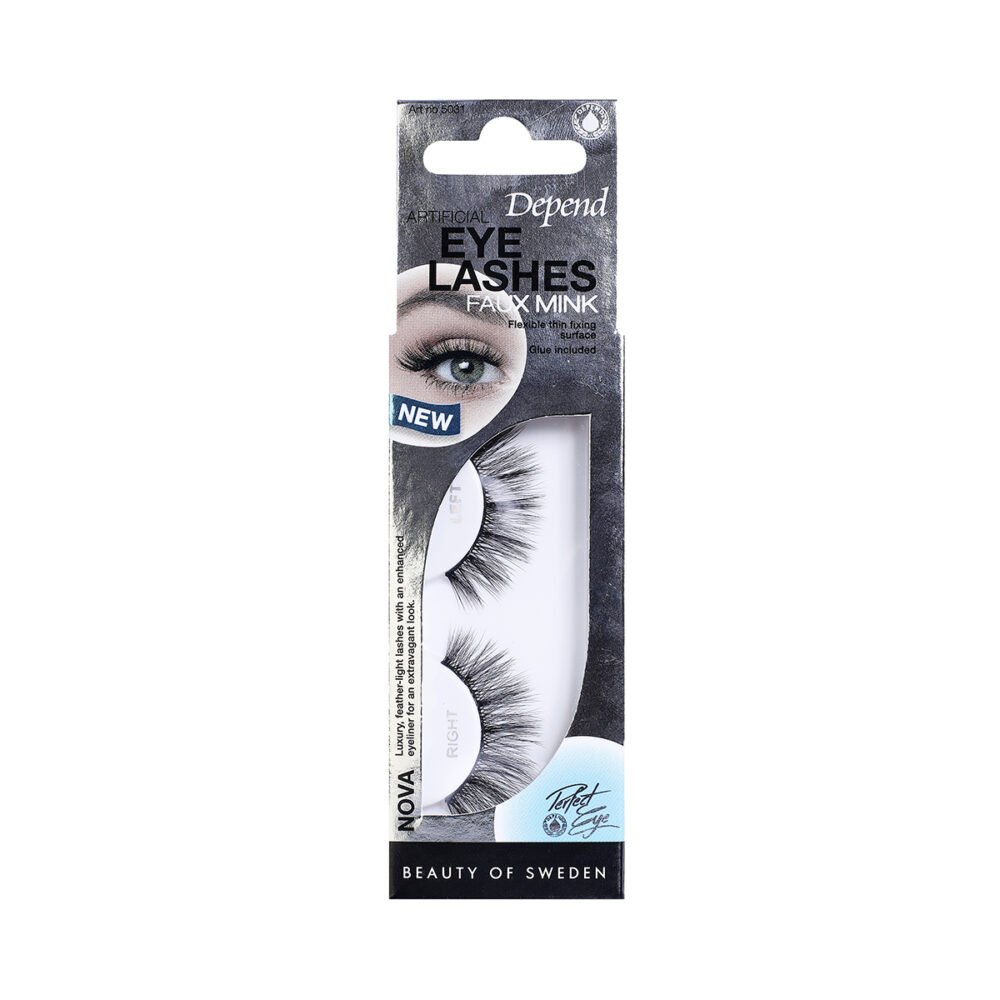 Depend Faux Mink Eye Lashes Nova in packaging, featuring a natural look and easy application for enhancing eye beauty.