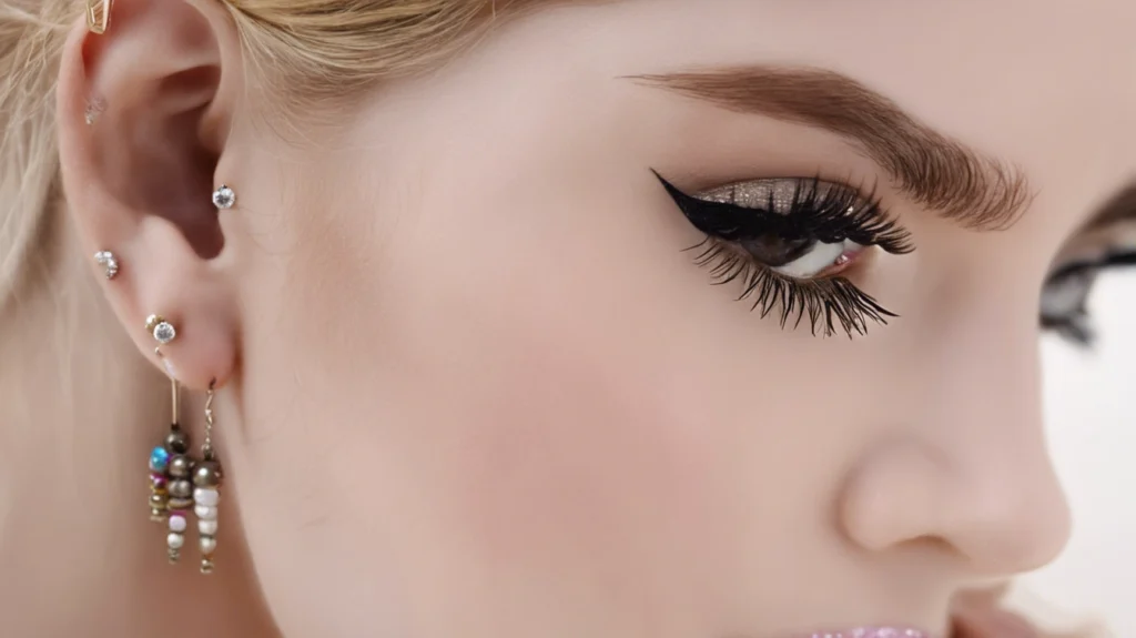 Close-up image highlighting eye makeup with dramatic eyeliner and false eyelashes, featuring earrings and facial details.