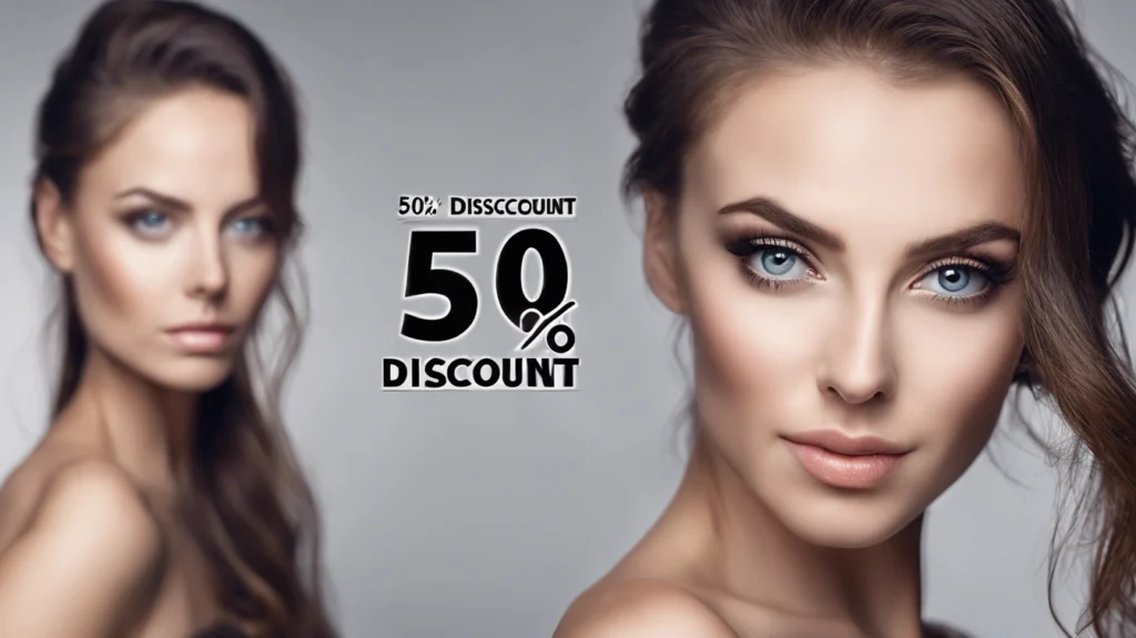 Promotional image featuring two women with striking makeup and a 50% discount text overlay, highlighting beauty products and services.