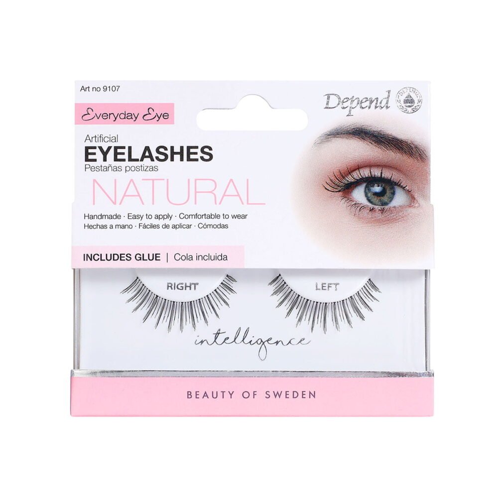 Depend Everyday Eye Natural Eyelashes set with glue, designed for a natural look, includes right and left lashes for easy application.