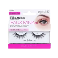 Depend Faux Mink 3D Eyelashes set with glue, includes right and left lashes for a natural look, handmade for comfort and ease of application.