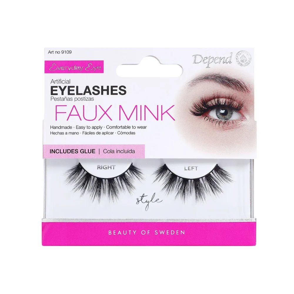 Depend Faux Mink Eyelashes set with adhesive, featuring left and right lashes for a natural look, handmade for comfort and easy application.