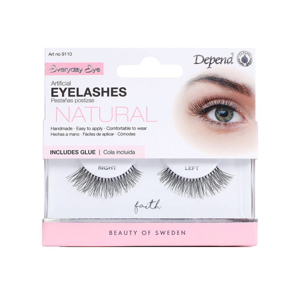 Depend Everyday Eye natural artificial eyelashes set with adhesive, featuring right and left lashes labeled as faith.