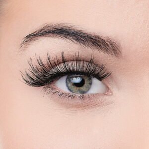 Close-up image of a human eye featuring long, voluminous eyelashes and a natural eyebrow, showcasing eye beauty and makeup.