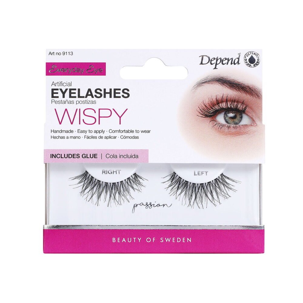 Depend Wispy artificial eyelashes set with glue included for easy application and comfortable wear, enhancing natural beauty.