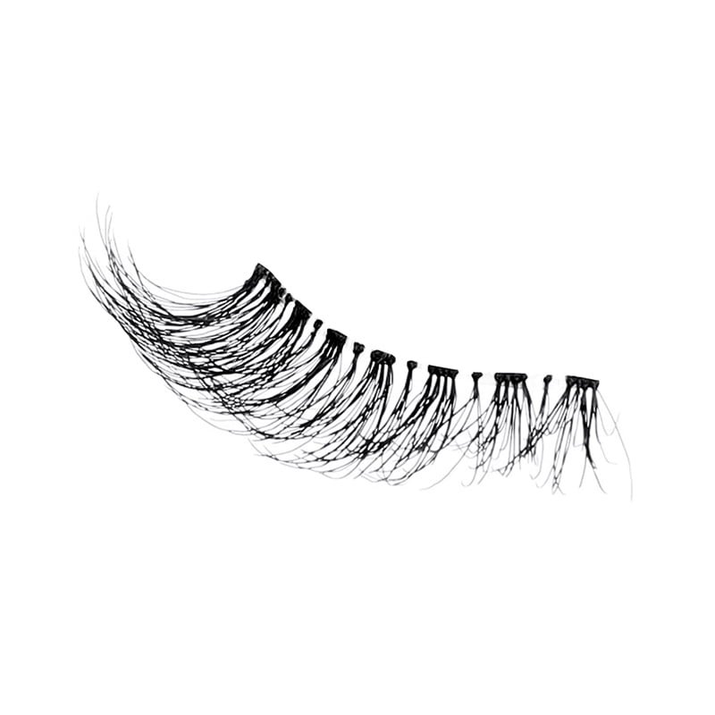 Black synthetic eyelash strip with varying lengths for dramatic eye enhancement, ideal for makeup enthusiasts and professionals.