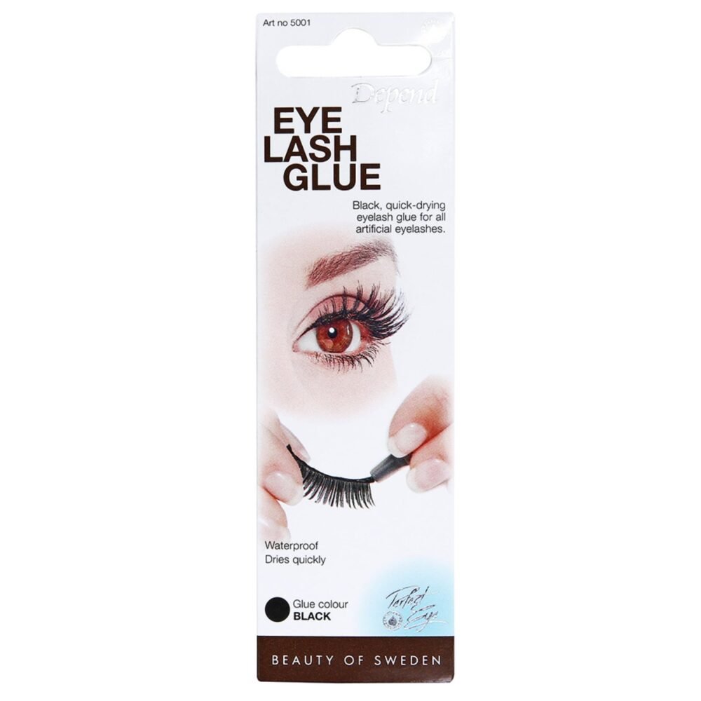 Depend Eye Lash Glue in black, quick-drying formula for artificial eyelashes, waterproof and dries quickly.