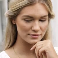 Close-up of a woman with long blonde hair, wearing earrings and a ring, showcasing a thoughtful expression and subtle beauty.