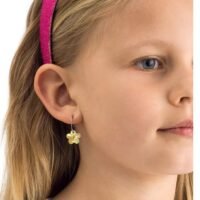 A young girl wearing flower-shaped earrings with a pink headband, showcasing a delicate and playful accessory for children.