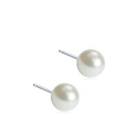 Elegant pearl stud earrings featuring round white pearls with a silver post, perfect for adding a touch of sophistication to any outfit.