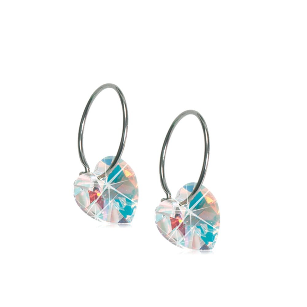 Heart-shaped crystal earrings with a silver hoop, featuring a sparkling design that captures light beautifully, ideal for adding elegance.