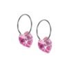 Pink heart-shaped crystal earrings with silver hoops, featuring sparkling facets for a vibrant look. Ideal for fashion accessories.