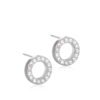 Silver circle stud earrings featuring a ring of sparkling crystals, elegant and modern design for versatile wear.