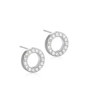 Silver circle stud earrings featuring a ring of sparkling crystals, elegant and modern design for versatile wear.