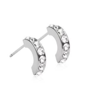 Silver hoop earrings adorned with sparkling crystals, featuring a sleek design and polished finish, ideal for any jewelry collection.