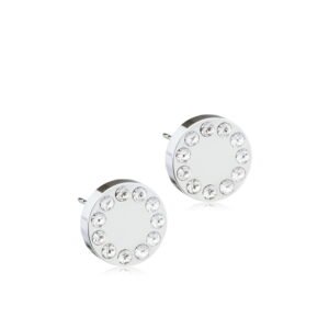 Silver round stud earrings adorned with sparkling clear crystals, featuring a sleek and modern design for everyday elegance.