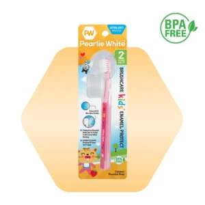 Pearly White extra soft kids toothbrush with protective cap, designed for ages 2 and up, featuring enamel protection and BPA-free materials.