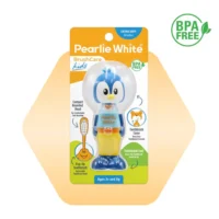 Pearlie White Kids toothbrush featuring a penguin design, BPA-free, with a compact rounded head and pop-up feature for ages 3 and up.