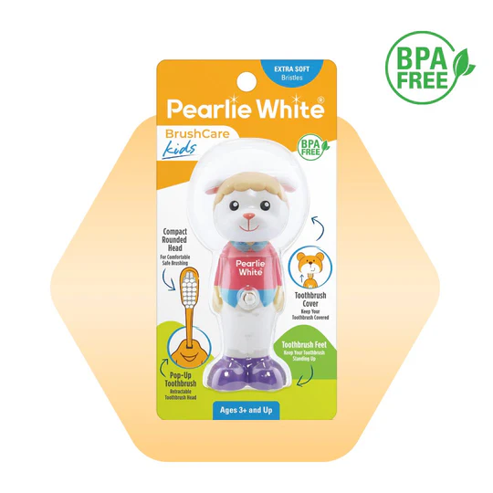 فرشاة أسنان Pearlie White BrushCare للأطفال برأس دائري مضغوط وأقدام قابلة للرفع، خالية من مادة BPA للأطفال من سن 3 سنوات فما فوق.