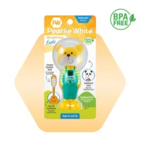 Pearlie White kids toothbrush featuring a bear design, BPA-free, with a compact head and pop-up cover for ages 3 and up.