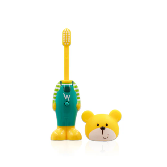 Bright yellow children's toothbrush with bear design and green striped handle, ideal for engaging kids in oral hygiene.