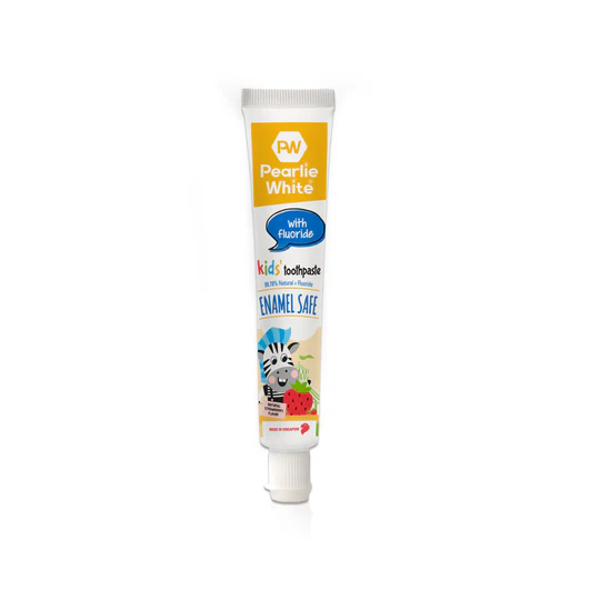 Pearlie White kids toothpaste tube with fluoride, featuring a zebra design, enamel safe formula, and strawberry flavor.