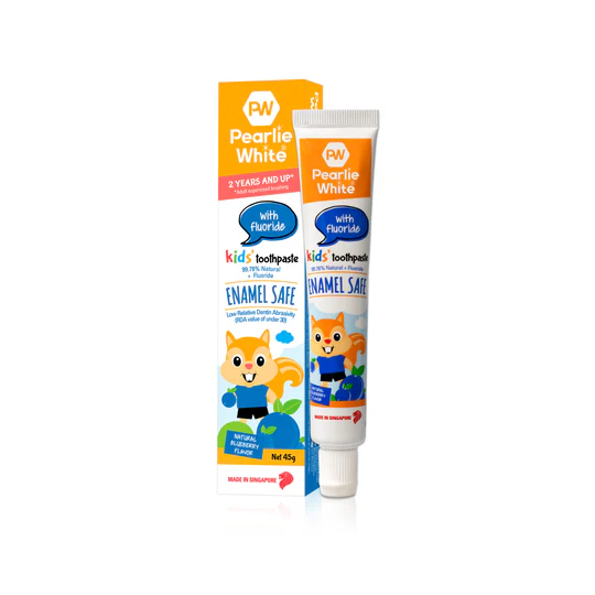 Pearlie White kids toothpaste with fluoride, featuring a playful fox design, safe for enamel, suitable for children aged 2 years and up.