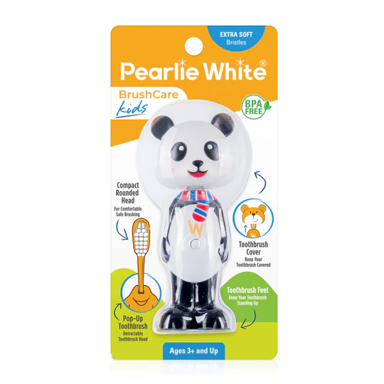 فرشاة أسنان Pearlie White BrushCare للأطفال تتميز بتصميم الباندا، خالية من مادة BPA، مع شعيرات ناعمة للغاية ورأس دائري مضغوط للأطفال.