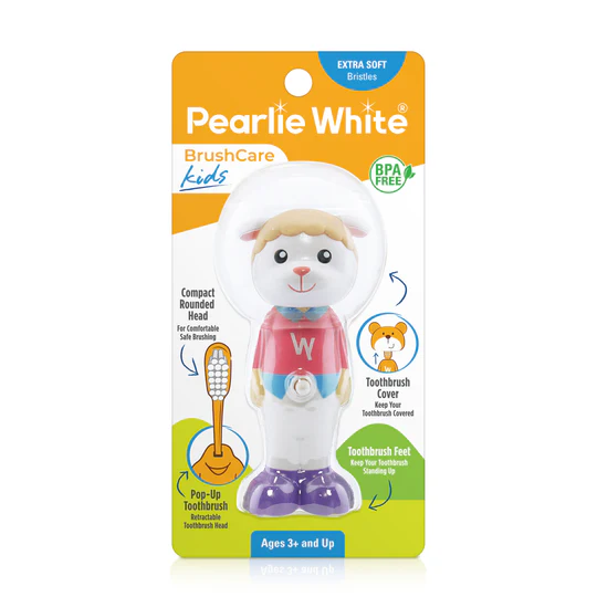 فرشاة أسنان Pearlie White BrushCare للأطفال بشعيرات ناعمة ورأس مستدير، مصممة للأطفال من سن 3 سنوات فما فوق، خالية من مادة BPA.