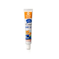 Pearlie White kids toothpaste with fluoride in a tube featuring a playful fox design, enamel safe for children's dental care.