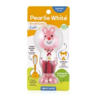 Pearlie White Kids toothbrush featuring a bunny design with extra soft bristles, compact rounded head, and pop-up feature for ages 3 and up.