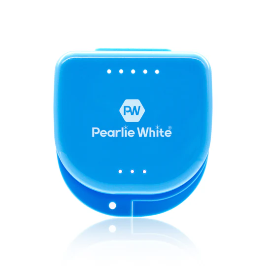 Pearlie White blue teeth whitening device with logo, compact and portable design for effective whitening.