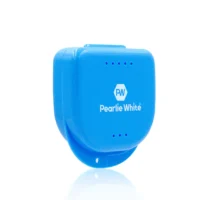 Pearlie White blue teeth whitening device with logo, compact and portable design for effective teeth whitening.