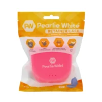 Pearlie White retainer case in pink packaging, designed for retainers, aligners, and dental devices with a locking closure and perforated vents.