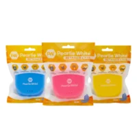 Pearly White retainer cases in blue, pink, and yellow packaging, designed for safe storage of dental retainers.