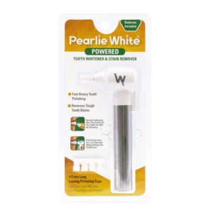 Pearlie White powered tooth whitener and stain remover with six polishing cups included for effective stain removal.