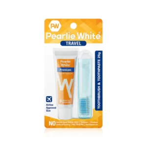 Pearlie White travel toothbrush and 25g toothpaste set, compact and airline approved for convenient oral care on the go.