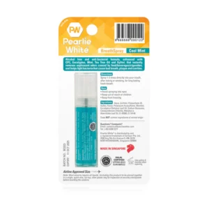 Pearly White Breath Spray in Cool Mint flavor, alcohol-free and antibacterial formula, 20ml travel size, made in Singapore.