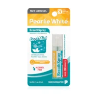 Pearly White Breath Spray in Cool Mint flavor, featuring eucalyptus, tea tree oil, and xylitol, alcohol-free, non-aerosol packaging.