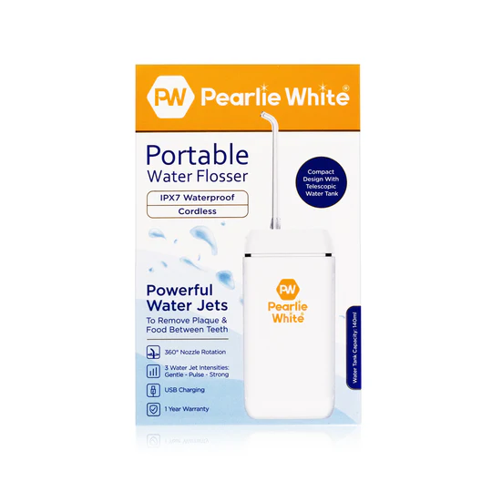 جهاز تنظيف الأسنان بالماء Pearlie White المحمول مع فوهة تدور 360 درجة وتصميم لاسلكي وشحن USB للعناية الفعالة بالأسنان.