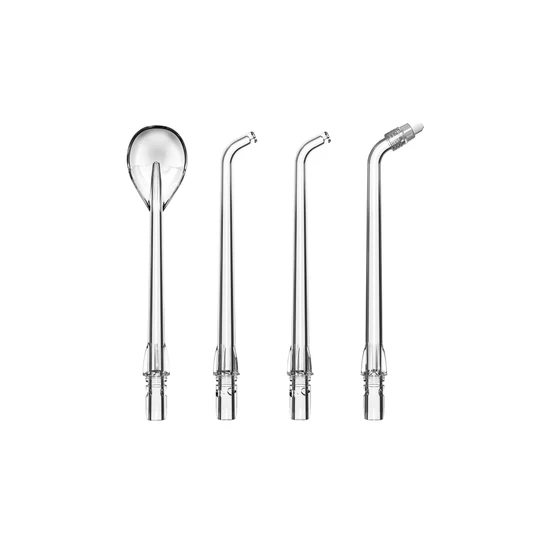 Set of four clear dental instruments including a mirror and various suction tools for dental procedures.