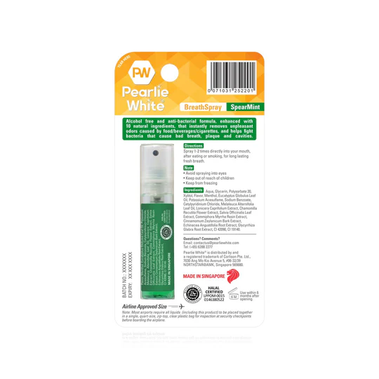 Pearly White Breath Spray in Spearmint flavor, 20ml, featuring anti-bacterial properties for fresh breath and oral hygiene.