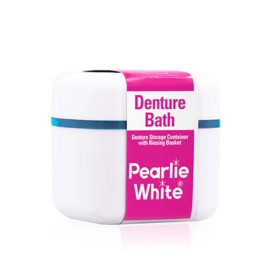 Pearlie White denture storage container with rinsing basket, designed for effective denture care and maintenance.